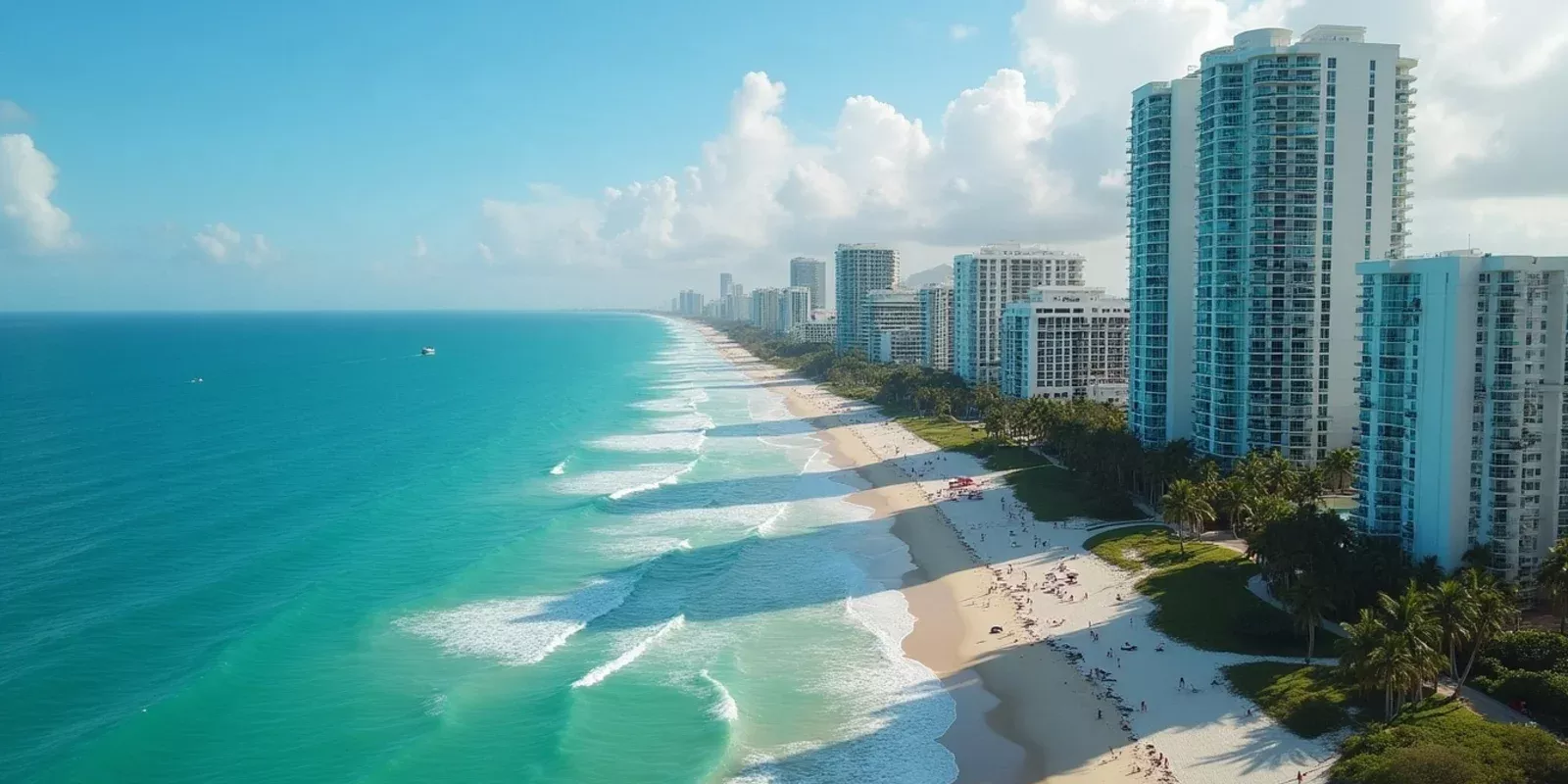 Playa en Miami con edificios de departamentos de lujo creada por ia.