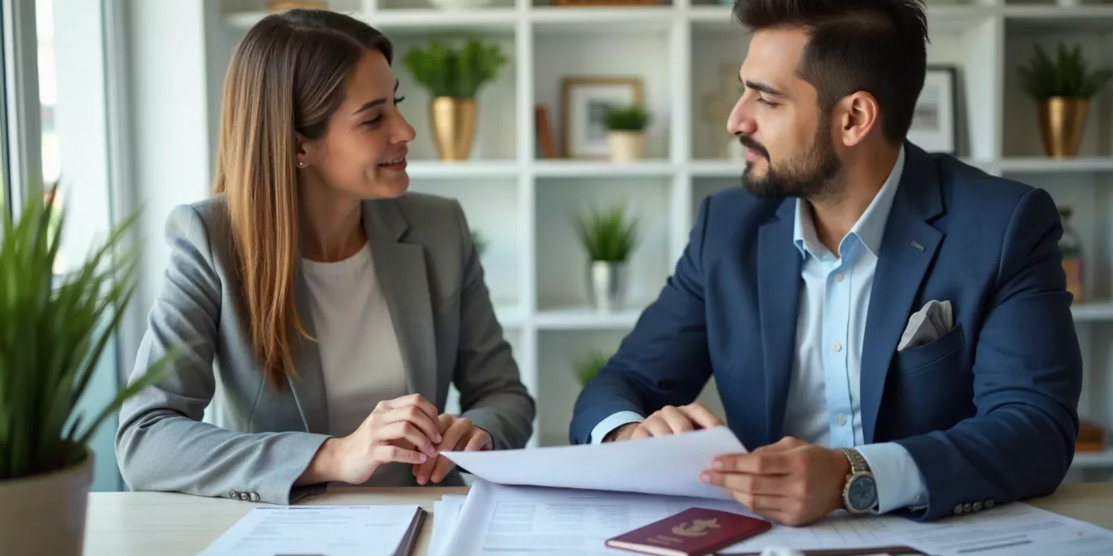 Pareja de extranjeros revisando contratos