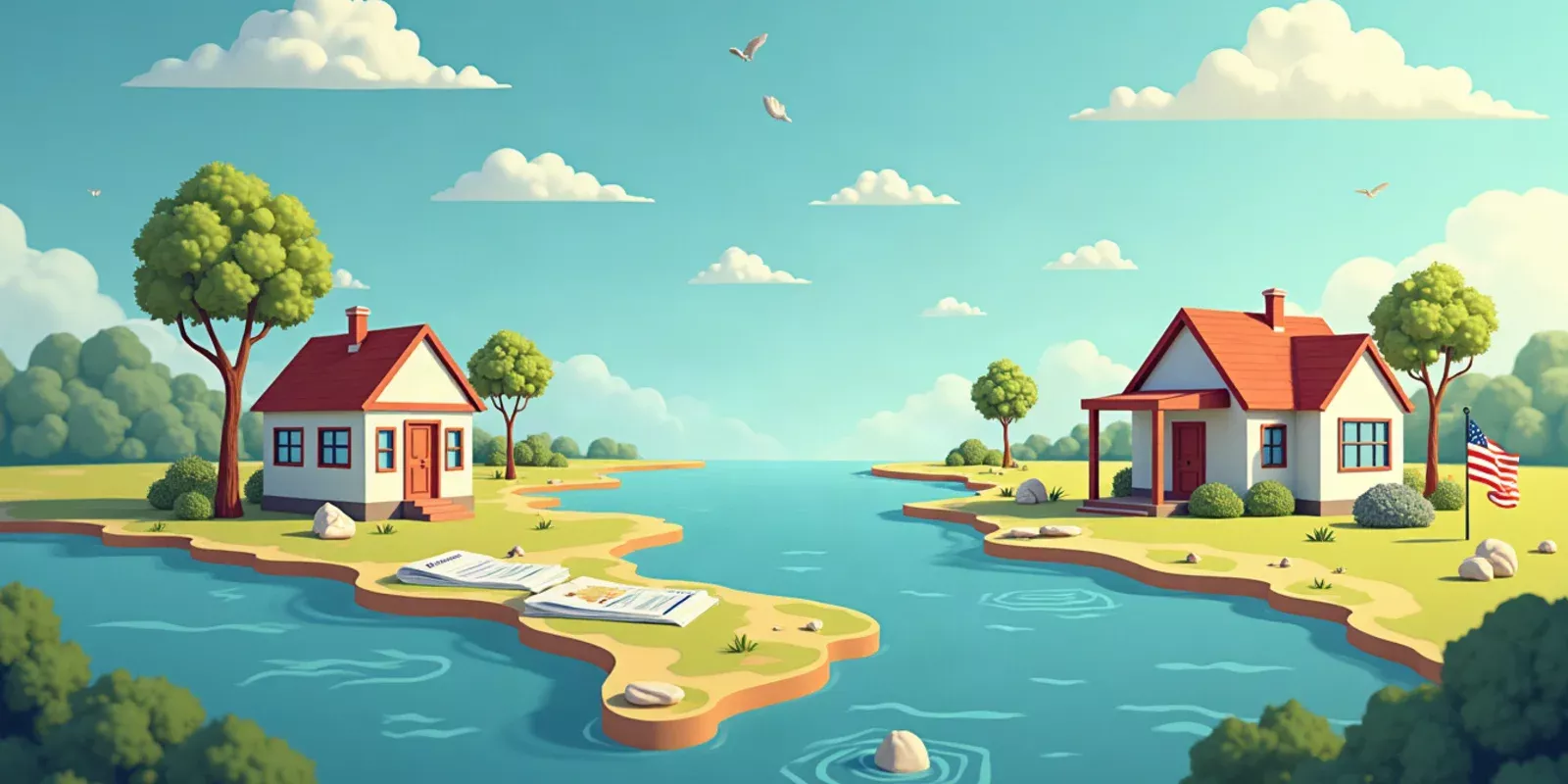 Ilustración de casitas en un campo