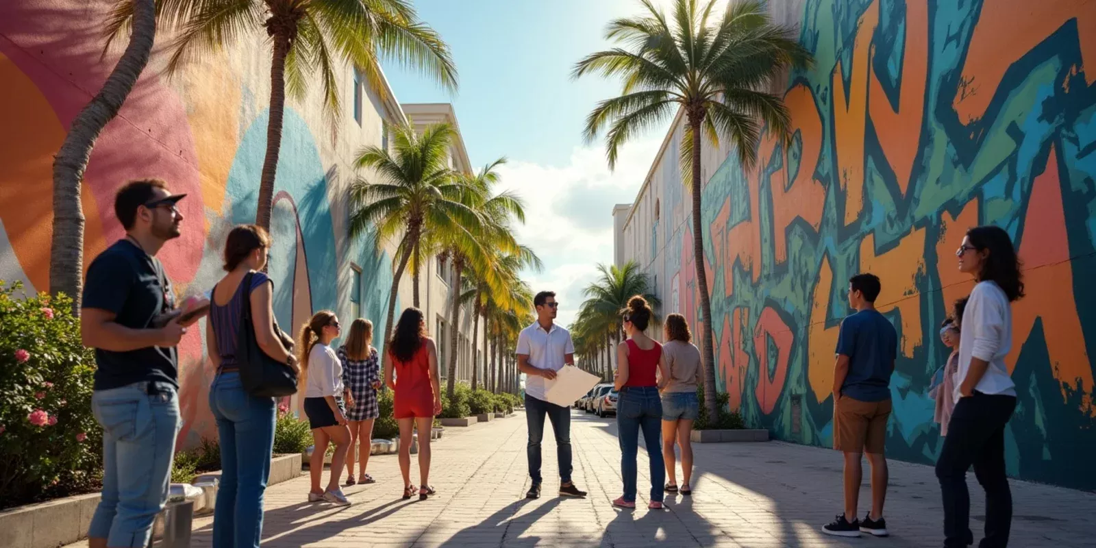 Una escena realista de un barrio vibrante como Wynwood, mostrando coloridos murales de arte urbano en las paredes de edificios modernos. En el primer plano, un grupo diverso de personas observa propiedades en venta, mientras un agente inmobiliario señala un plano de la propiedad. La luz del sol ilumina suavemente la escena, creando sombras naturales. En el fondo, se pueden ver árboles y un ambiente urbano típico, con coches aparcados y transeúntes. La imagen transmite la emoción de comprar una propiedad en este atractivo vecindario.