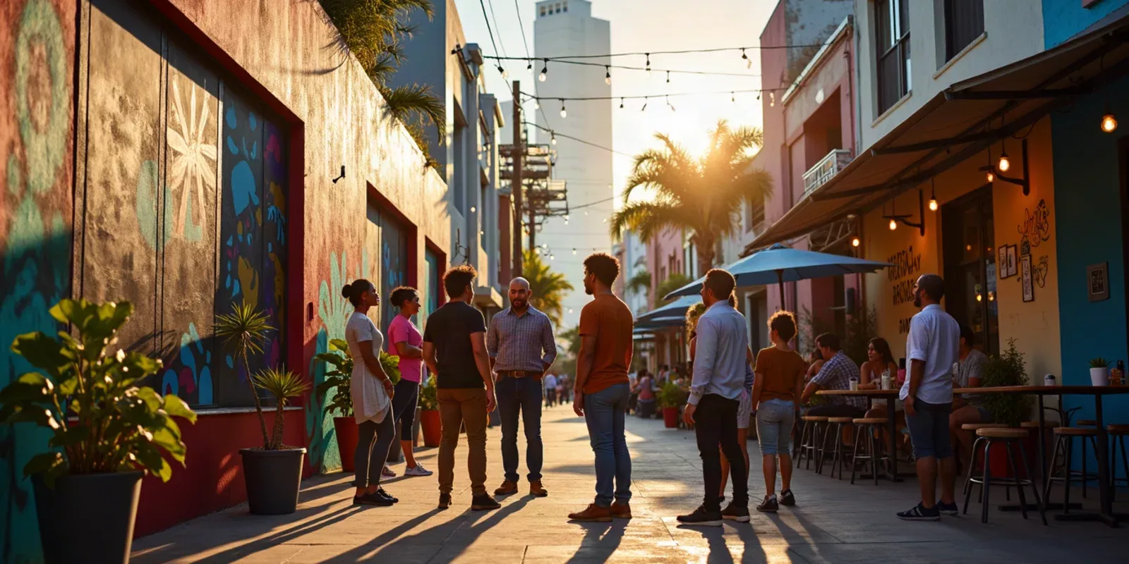 Una escena vibrante de Wynwood en Miami, mostrando calles adornadas con murales coloridos y arte urbano. En el centro, un grupo de personas diversas conversando animadamente frente a una galería de arte contemporáneo. Al fondo, edificios modernos y restaurantes con