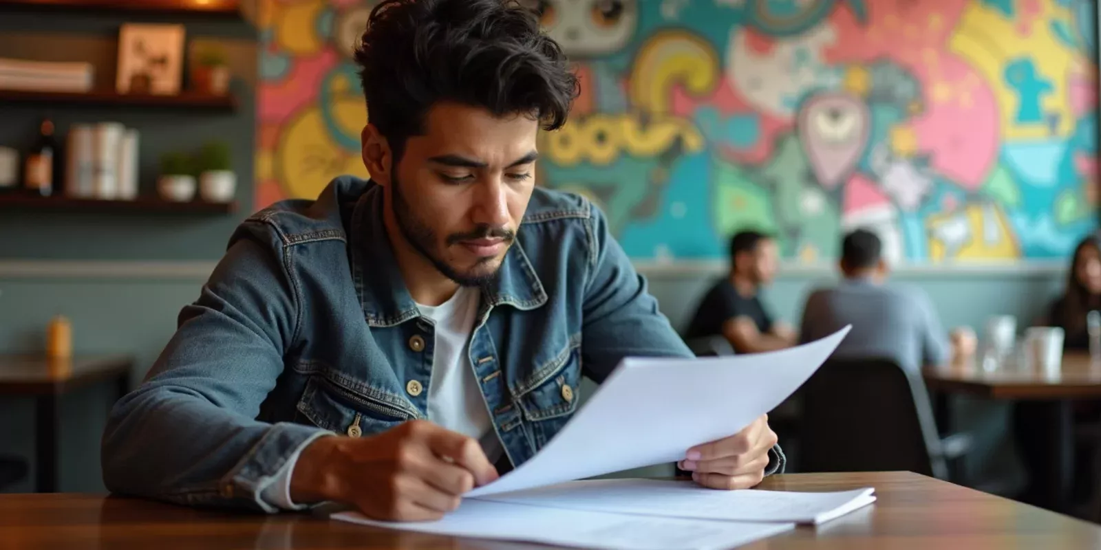 Una escena realista de un colombiano joven revisando documentos financieros en una mesa de café en Wynwood, Miami. Al fondo, se ven coloridos murales