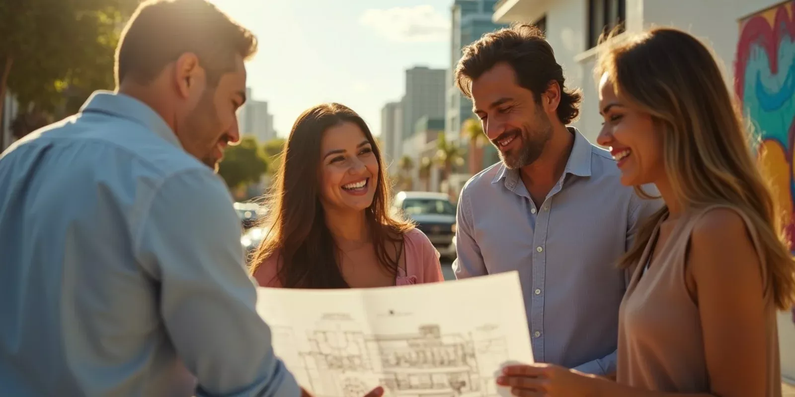 Una escena realista en Wynwood, Miami, mostrando una familia colombiana visitando una propiedad en preconstrucción. La pareja mira planos arquitectónicos mientras un agente inmobiliario les explica. Al fondo, se pueden ver edificios modernos en construcción y arte urbano vibrante en las paredes. La luz del sol ilumina la escena, creando sombras suaves y un ambiente cálido. La familia muestra interés y emoción en sus rostros, reflejando la importancia de la decisión de compra. El entorno es natural y auténtico, capturando la esencia de la vida en Wynwood.