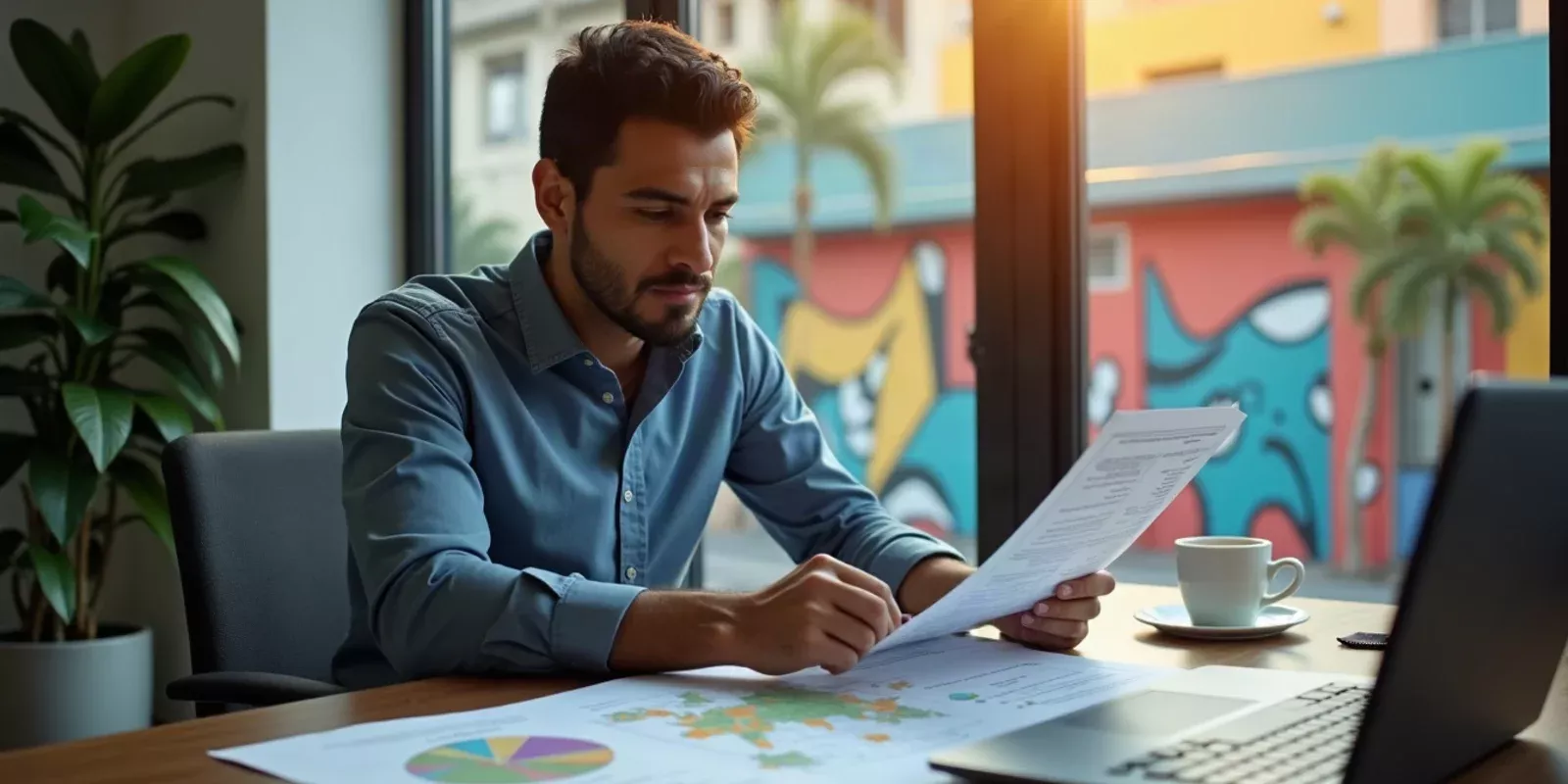 Una imagen que muestra a un hombre colombiano en una oficina moderna, revisando documentos relacionados con la compra de una propiedad en Wynwood. La escena incluye un mapa de la zona y una computadora portátil abierta con gráficos de divisas. En la mesa, hay un contrato y una taza de café. A través de la ventana, se ve un paisaje urbano de Wynwood con arte callejero colorido. La luz natural entra suavemente, creando sombras sutiles. El hombre tiene una expresión concentrada y esperanzadora mientras examina los papeles, reflejando la seriedad del proceso de inversión.