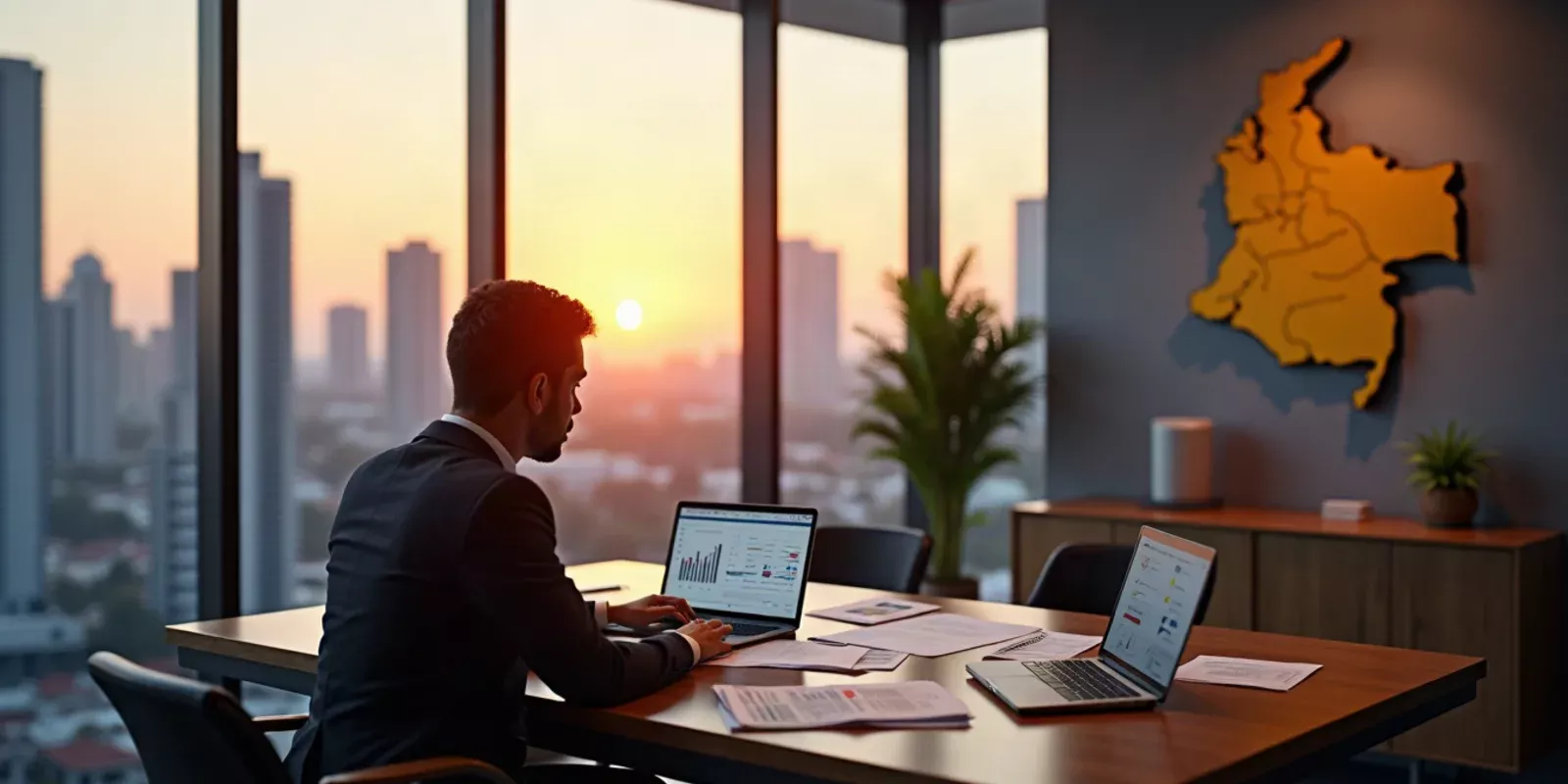 Una escena de un asesor fiscal sentado en una oficina moderna, revisando documentos relacionados con impuestos. En la mesa hay papeles con gráficos y formularios de FIRPTA, junto a una laptop abierta mostrando datos financieros. A través de una ventana, se ve el skyline de Miami al atardecer, con edificios emblemáticos y palmeras. La luz cálida del sol crea sombras suaves y resalta los colores vibrantes del entorno. Un cuadro en la pared muestra un mapa de Estados Unidos y Colombia, simbolizando la conexión entre ambos países en el contexto fiscal.