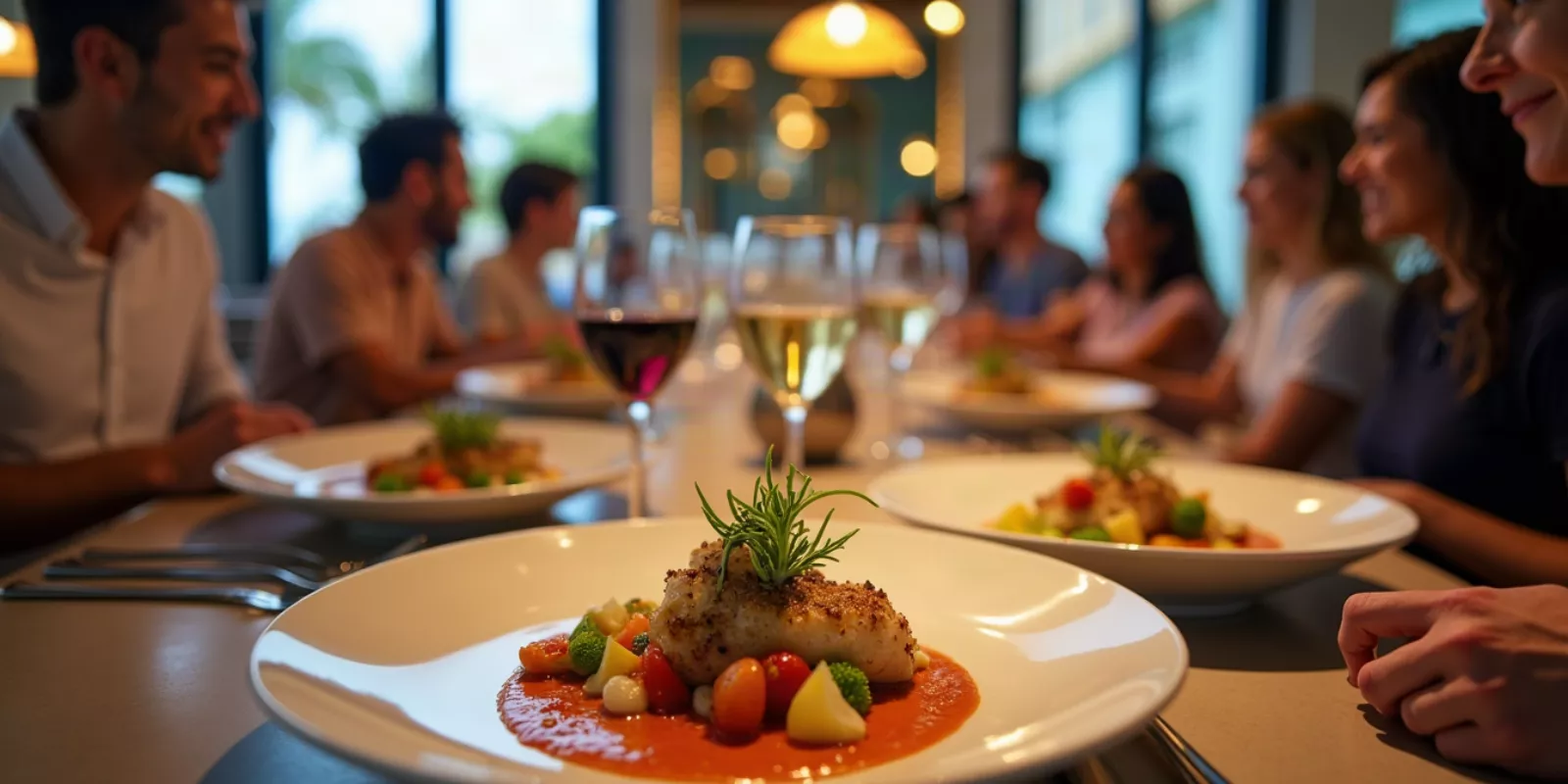 Una mesa elegantemente dispuesta en un restaurante de lujo en Miami, con platos sofisticados de alta cocina presentados de manera artística. Se ven ingredientes frescos y coloridos, como hierbas y salsas, junto a copas de vino. Al fondo, un ambiente cálido con luces tenues y una decoración moderna. La luz natural entra por grandes ventanales, creando sombras suaves. Un grupo de comensales sonrientes disfruta de la experiencia gastronómica, reflejando emociones de satisfacción y deleite. El enfoque central resalta la calidad y la creatividad culinaria.